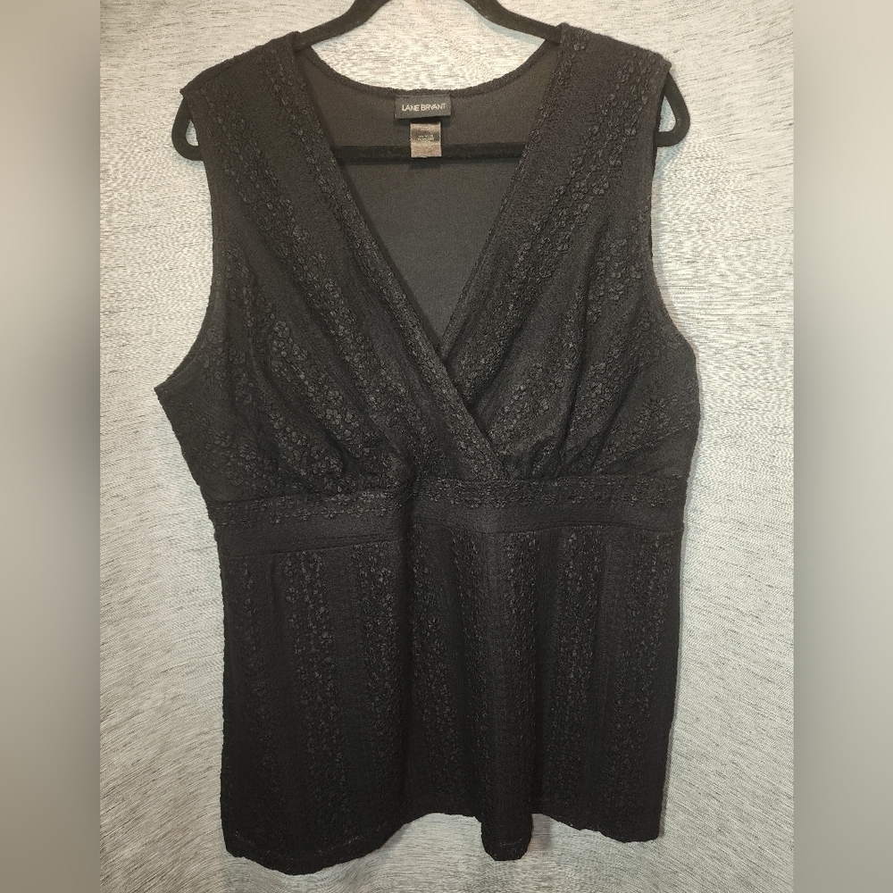 Lane Bryant 22/24 Peplum Sleeveless Black Top Lace V-Neck Empire Waist